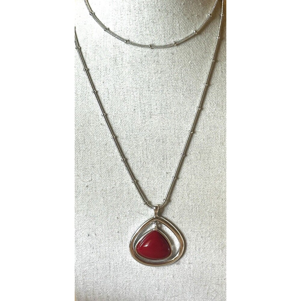 Liz Claiborne Red Cabochon Pendant Necklace Silver Tone 34” Long Statement